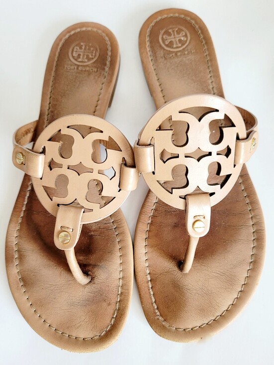Tory Burch Shoes - Tory Burch Miller Tan Calf Leather Logo Thong Sandals Almond Flour US 10